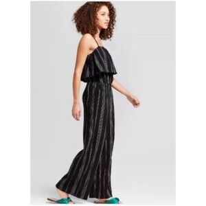 A New Day Gauze 100% Cotton Jumpsuit Women's Medium Black White Striped Pockets